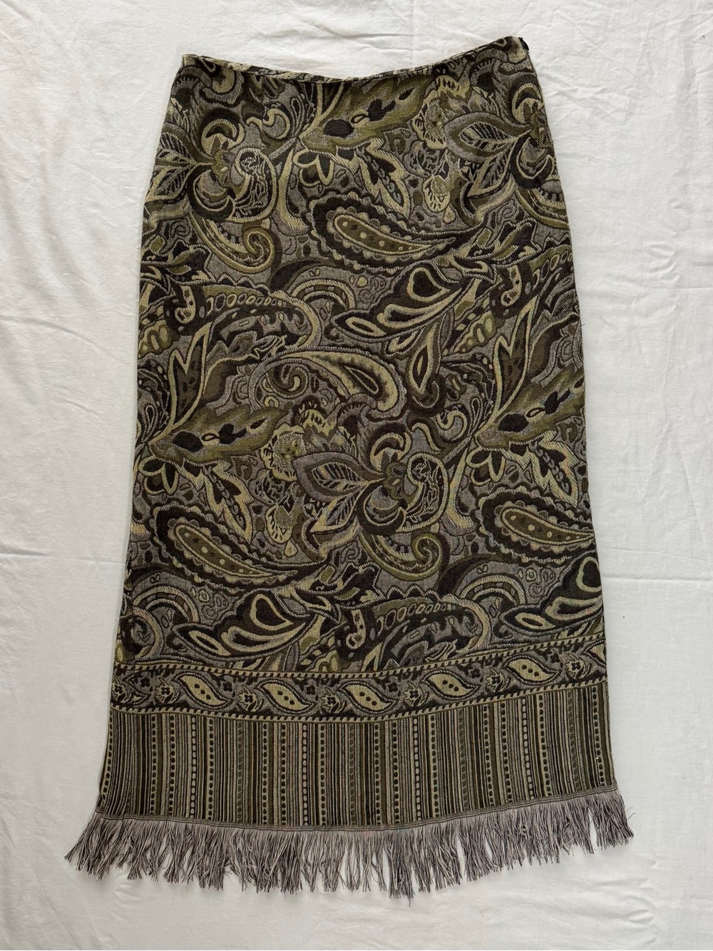Vintage Russell Kemp Paisley Fringe Midi Skirt Size 6 Y2K Whimsigoth
